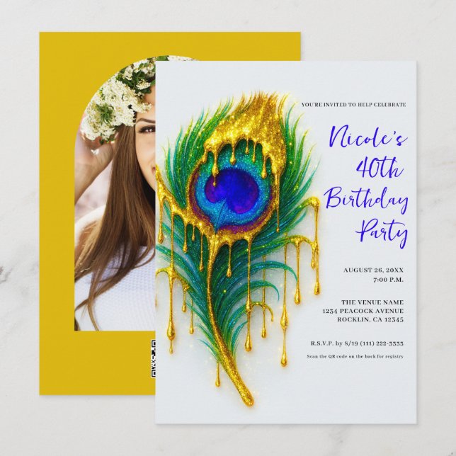 Invitation Luxe Beauté Gold Drift Peacock Feather Anniversair (Devant / Derrière)