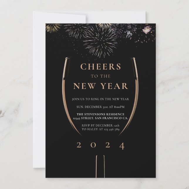 Invitation Luxe Black Gold à la fête du Nouvel An (Devant)