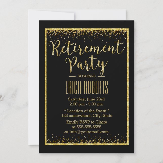 Invitation Luxe Black Gold Confetti Partie de retraite encadr (Devant)