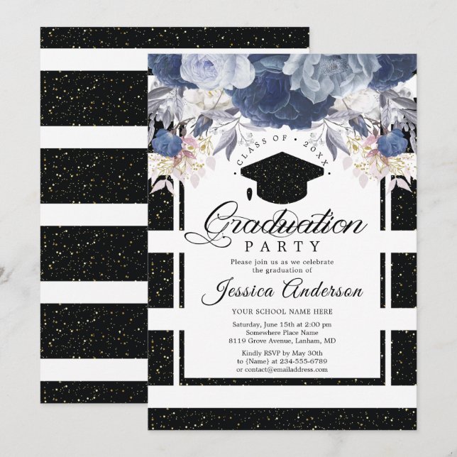 Invitation Luxe Black Gold Parties scintillant Floral Graduat (Devant / Derrière)