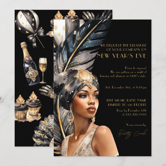 Invitation Luxe Black Gold Retro 1920 New Year Party (Devant / Derrière)