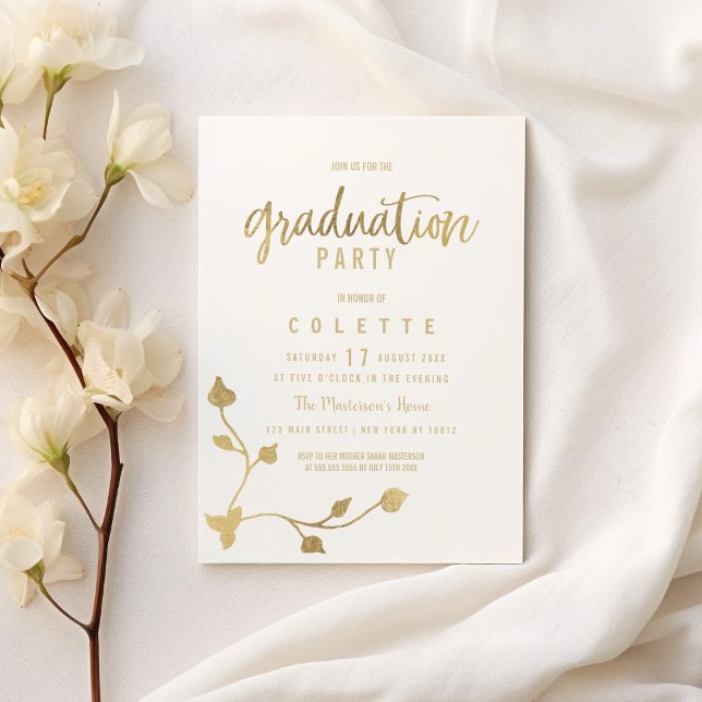 Invitation Luxe blanc feuille d'or glam Graduation Party (Luxury white gold leaf stem glam Graduation Party )