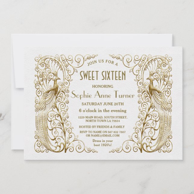 Invitation Luxe Blanc Or Art Déco Peacocks Sweet sixteen (Devant)