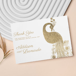 Invitation Luxe blanc or royal paon élégant Merci