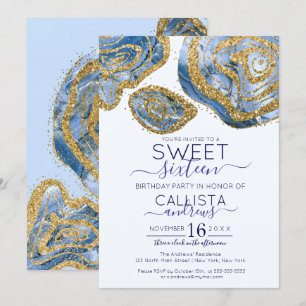 Invitation Luxe Blue Gold Marble Agate Parties scintillant Sw