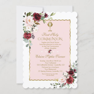 Invitation Luxe Blush Bourgogne Floral Or Sainte Communion