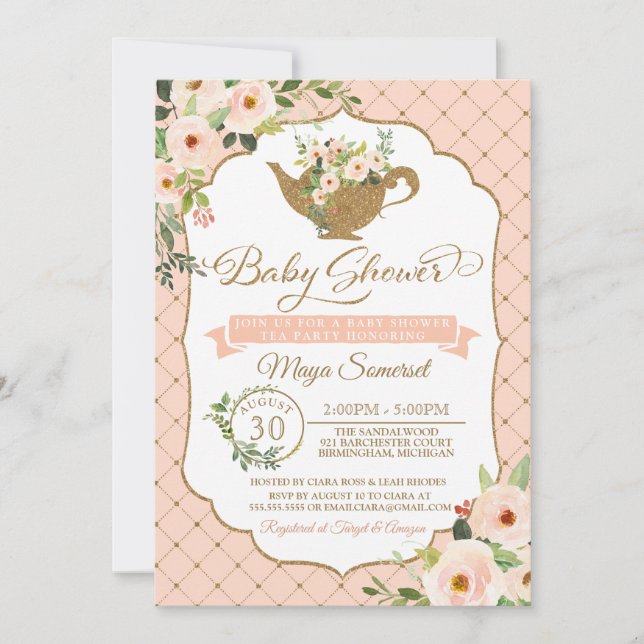 Invitation Luxe Blush Floral Girl Tea Party Baby shower (Devant)
