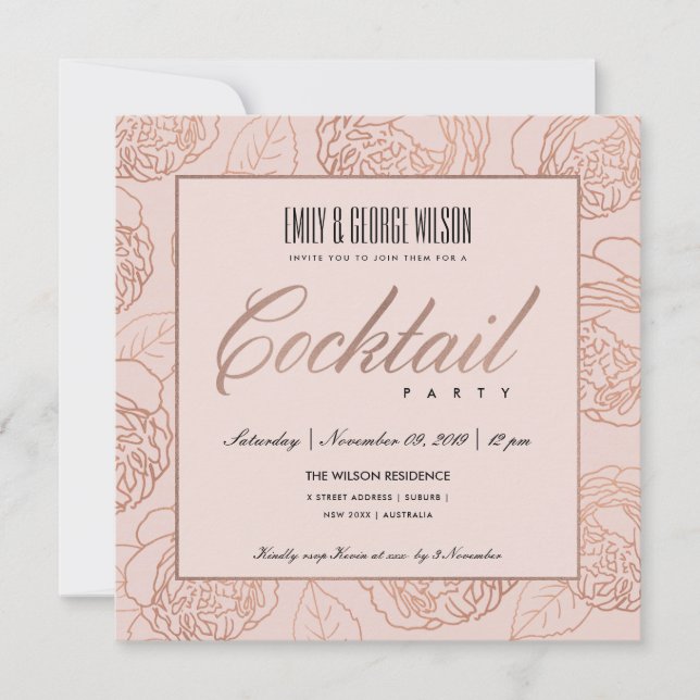 INVITATION LUXE BLUSH ROSE PÂLE OR ROSE GOLD FLORAL COCKTAIL  (Devant)