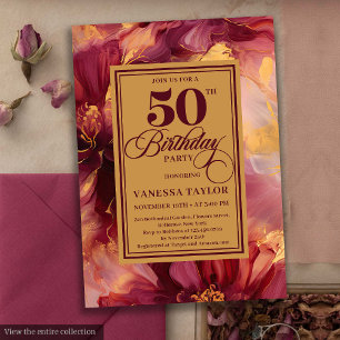 Invitation Luxe Boho Bourgogne Gold Flowers 50e anniversaire