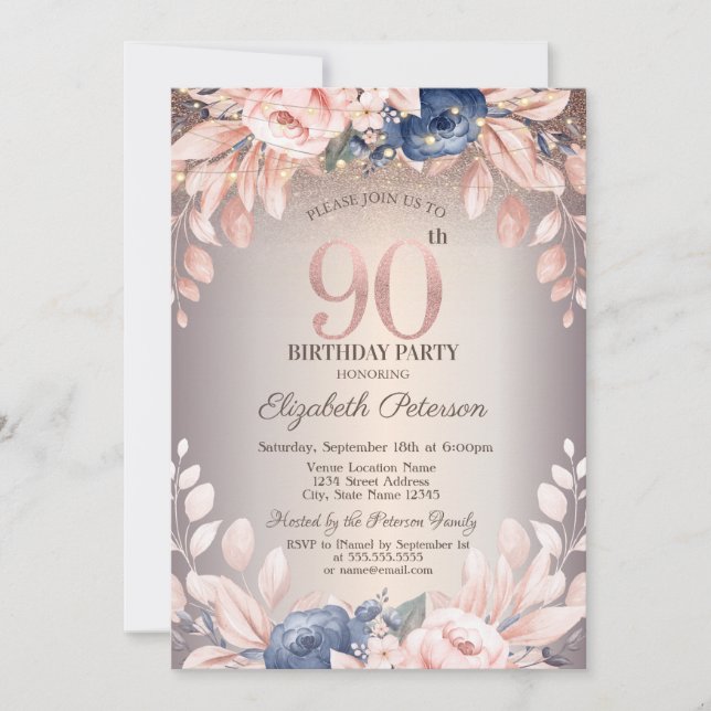 Invitation Luxe Chic Floral, String Lights 90e anniversaire (Devant)