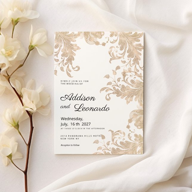 Invitation Luxe chic or blanc dentelle florale mariage (Luxury chic white gold floral lace Wedding)