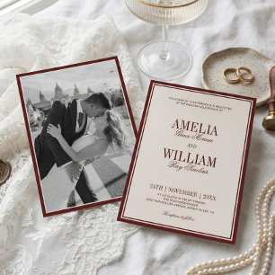 Invitation Luxe Classique Ancien Argent Mariage Photo Bourgog