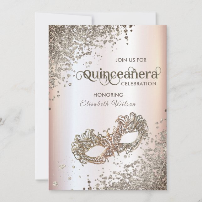 Invitation Luxe diamant mascarade Quinceañera rose doux (Devant)