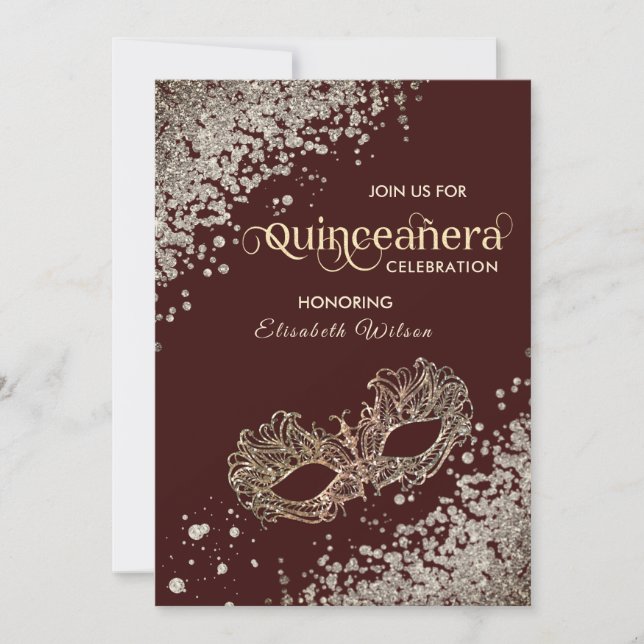 Invitation Luxe diamant Masquerade Quinceañera bordeaux (Devant)
