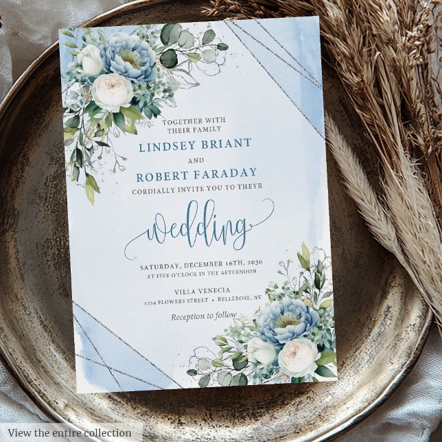 Invitation Luxe Dusty Bleu Blanc Fleurs d'argent Mariage (Luxury Dusty Blue White Silver Flowers Wedding Invitation)