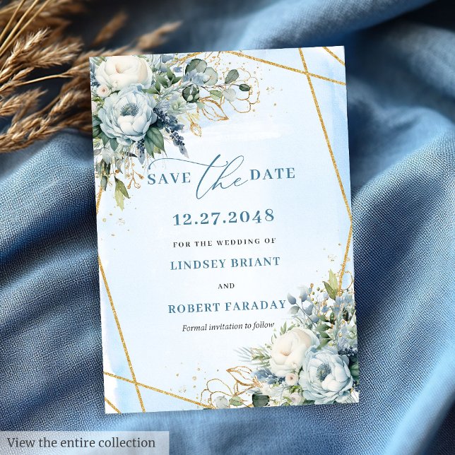 Invitation Luxe Dusty Bleu Bleu Pies Or Économisez La Date (Luxurious Pastel Blue White Gold Flowers Save The Date)