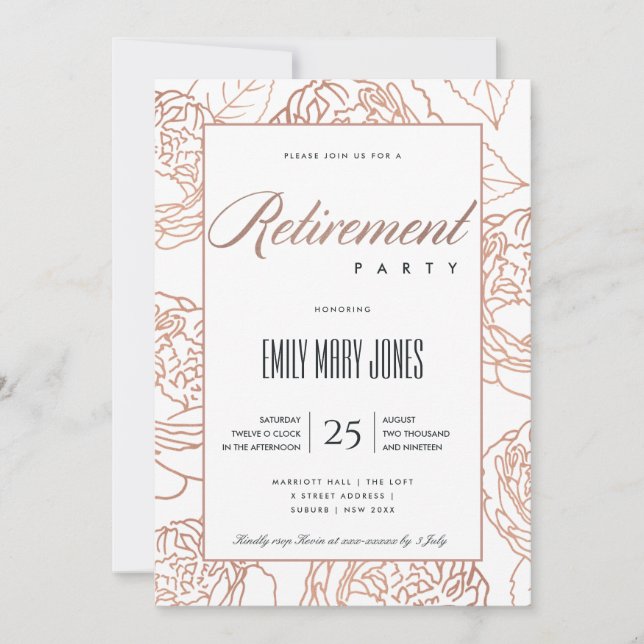 INVITATION LUXE ÉLÉGANT ROSE PÂLE OR ROSE FLORAL RETRAITE (Devant)