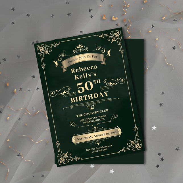 Invitation Luxe Emerald Green & Gold Milestone Age Anniversai (Elegant Rococo Ornament Black & Gold Wedding Invitation)