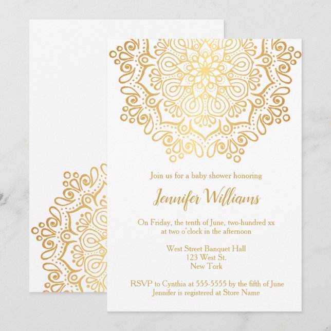 Invitation Luxe Faux Gold Mandala Baby shower blanc (Devant / Derrière)