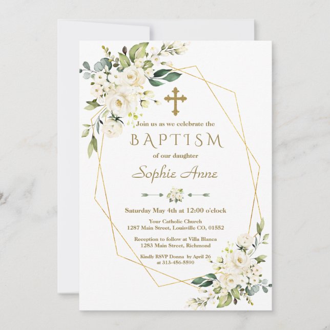 Invitation Luxe Fleurs Blanches Croix Or Cadre Baptême (Devant)