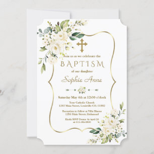 Invitation Luxe Fleurs blanches délicates Croix d'or Baptême