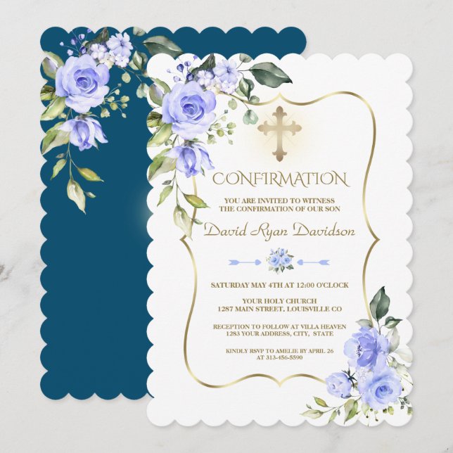Invitation Luxe Fleurs Bleues Or Frame Boy Confirmation (Devant / Derrière)