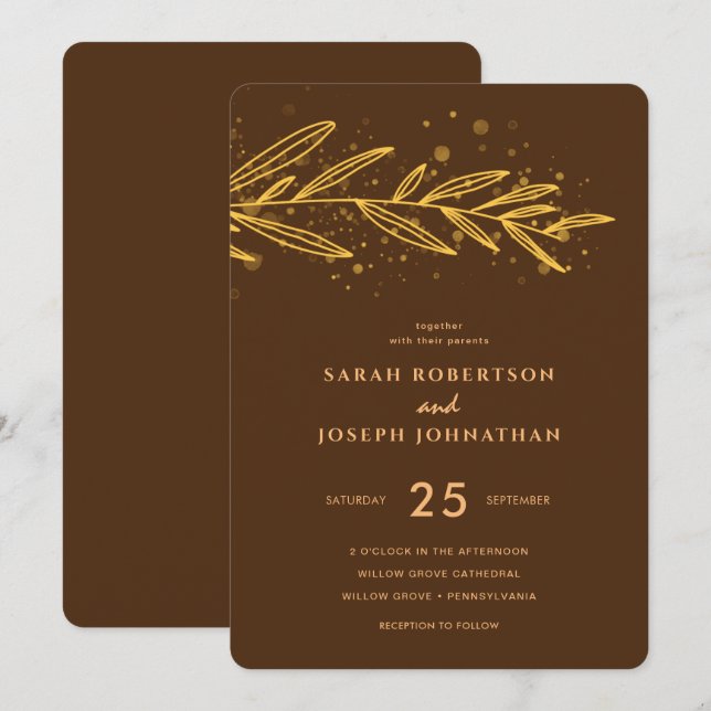 Invitation Luxe Gold Botanique Foliage Brown Mariage (Devant / Derrière)