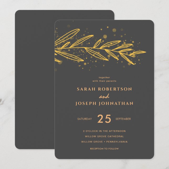 Invitation Luxe Gold Botanique Foliage Gris Mariage (Devant / Derrière)