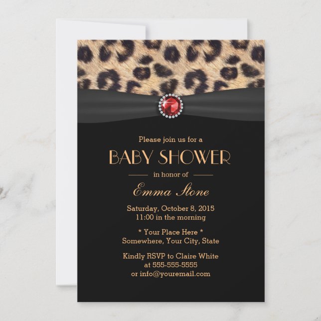 Invitation Luxe Leopard Ruby Gem Black Ribbon Baby shower (Devant)