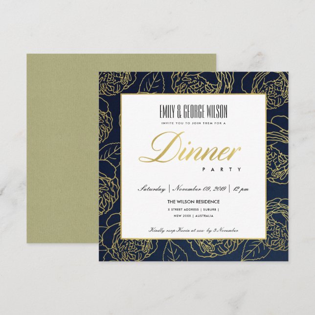 INVITATION LUXE LUSH NAVY FAUX GOLD ROSE DÎNER FLORAL FLORAL (Devant / Derrière)