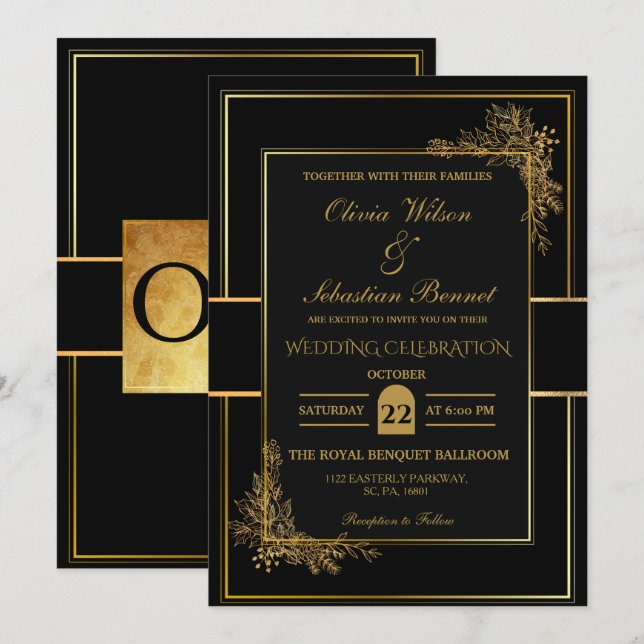 INVITATION LUXE MARIAGE NOIR & OR (Devant / Derrière)