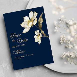 Invitation Luxe marine bleu or blanc fleur Enregistrer la dat