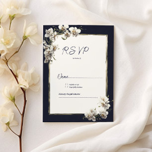 Invitation Luxe marine bleu or blanc orchidée floral RSVP