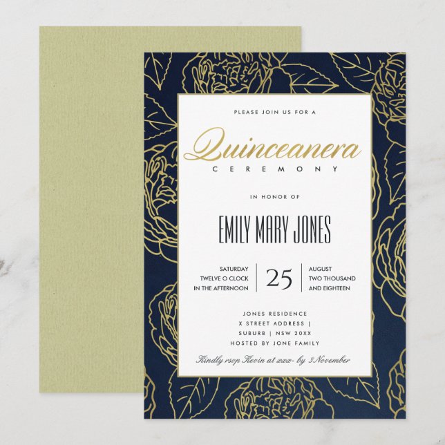 INVITATION LUXE MARINE OR ÉLÉGANT ROSE FLORAL QUINCEANERA (Devant / Derrière)