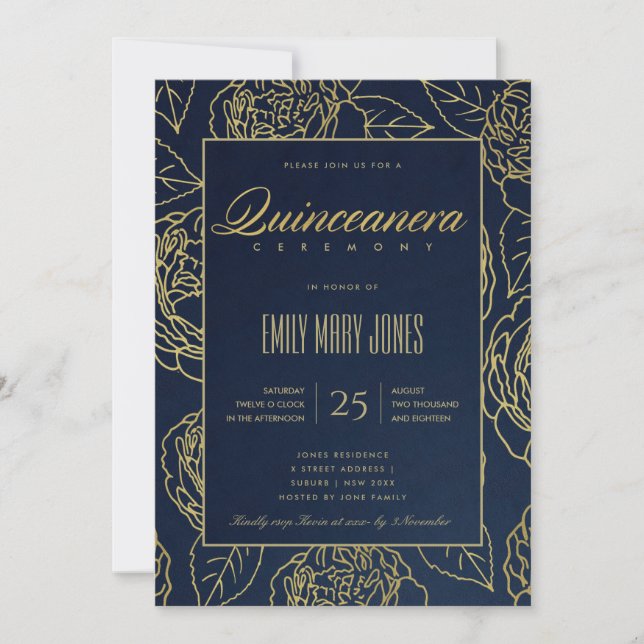 INVITATION LUXE MARINE OR ÉLÉGANT ROSE FLORAL QUINCEANERA (Devant)