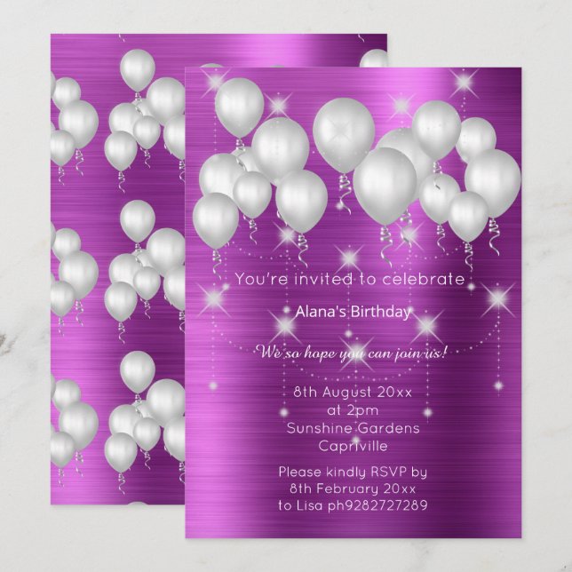 INVITATION LUXE MÉTALLIQUE PURPLE BALLON ANNIVERSAIRE INVITAT (Devant / Derrière)