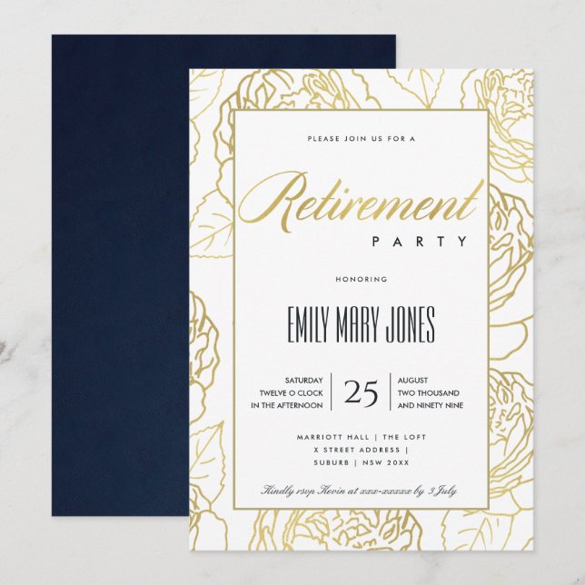 INVITATION LUXE NAVY OR ÉLÉGANT ROSE FLEURALE RETRAITE (Devant / Derrière)
