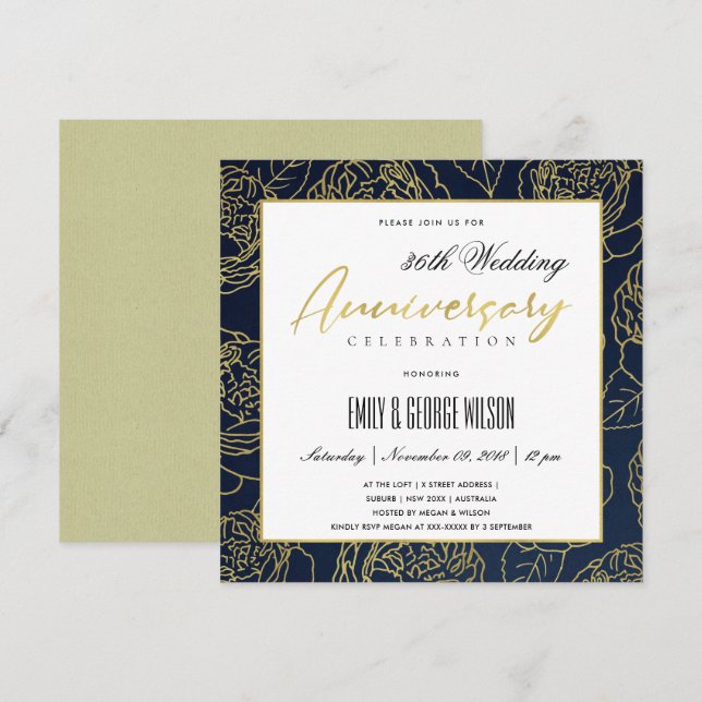 INVITATION LUXE NAVY OR ROSE FLORAL ANNIVERSAIRE TOUTE ANNÉE (Devant / Derrière)