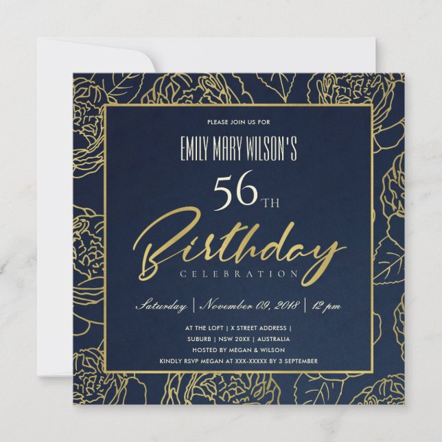INVITATION LUXE NAVY OR ROSE FLORAL TOUT ÂGE ANNIVERSAIRE (Devant)