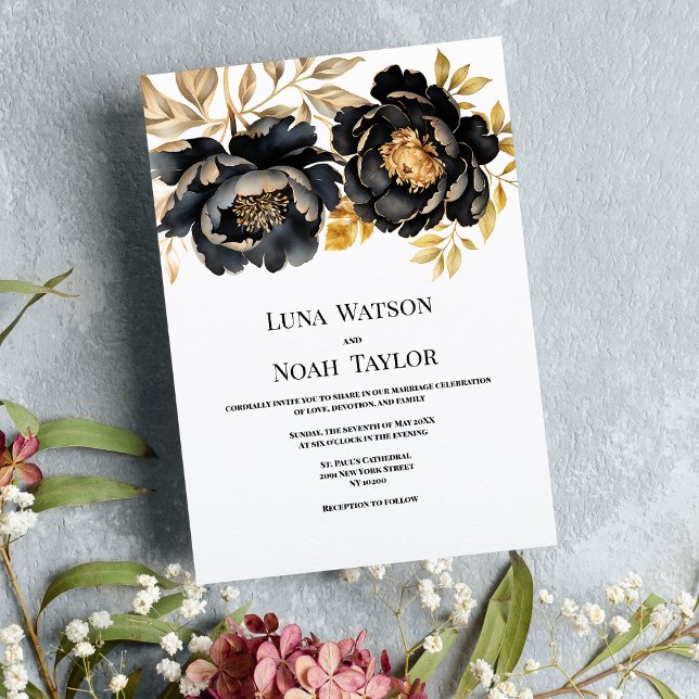 Invitation Luxe noir blanc ivoire or peony Mariage floral (Luxury black white ivory gold peony floral Wedding )
