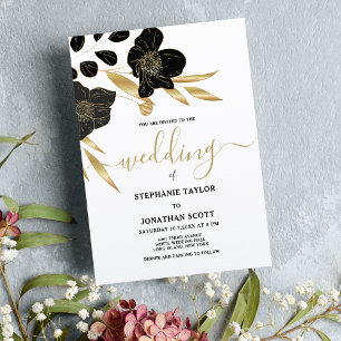 Invitation Luxe noir blanc or floral élégant mariage