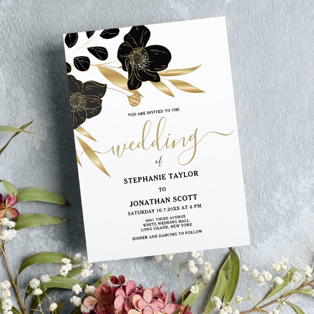 Invitation Luxe noir blanc or floral élégant mariage (Luxury black white gold floral elegant wedding)