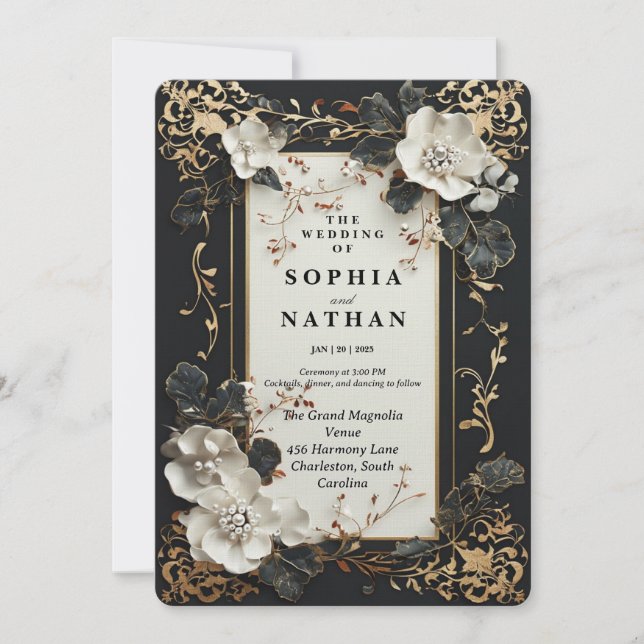 Invitation Luxe noir et or avec design floral élégant (Devant)