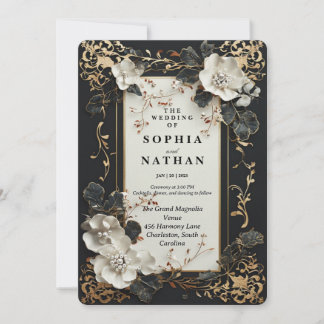 Invitation Luxe noir et or avec design floral élégant