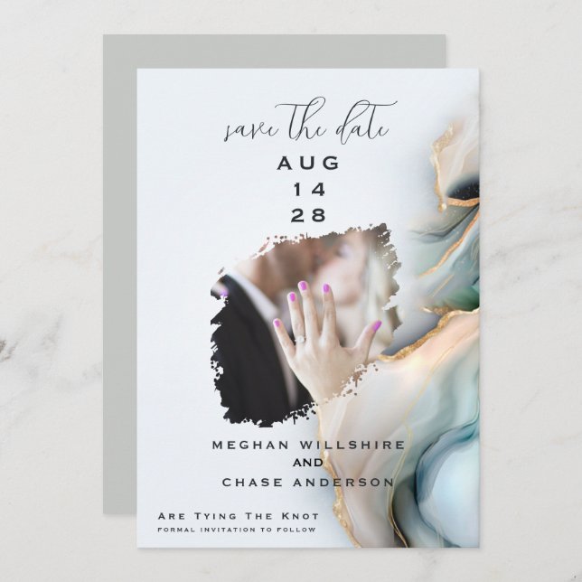 Invitation Luxe Opal Teal Gold Fluid Alcohol Ink (Devant / Derrière)