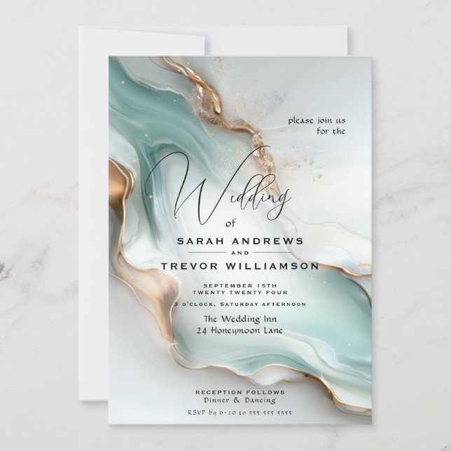 Invitation Luxe Opal Turquoise Or Liquide d'alcool Encre (Devant)
