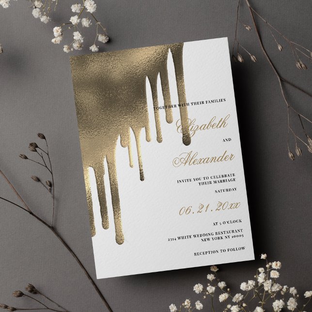 Invitation Luxe or blanc dégradé gouttes thème mariage (Luxury white gold gradient drips wedding theme Invitation)