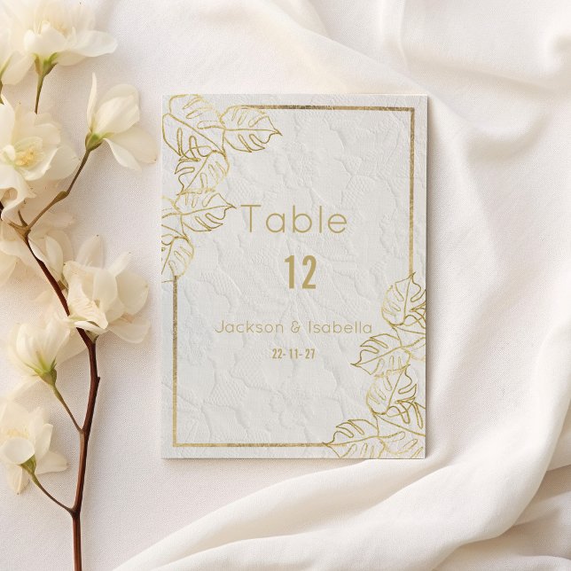 Invitation Luxe or blanc dentelle florale française Numéro de (Luxury white gold French floral lace Table Number)