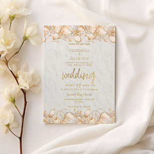 Invitation Luxe or blanc Mariage dentelle fleurie française