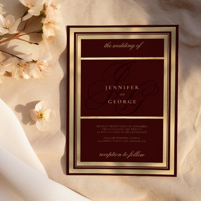 Invitation Luxe or bordeaux monogramme initiales mariage (Luxury gold burgundy monogram initials wedding)